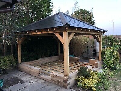 Prices start at £1550 for an Oak Gazebo with a softwood Gable ended roof. As well as cladding for extra privacy. Dreamy Patio, Oak Gazebo, Hot Tub Shelters, Garden Escape, Modern Gazebo, Hot Tub Gazebo, Gazebo Plans, Hot Tub Deck, Car Port