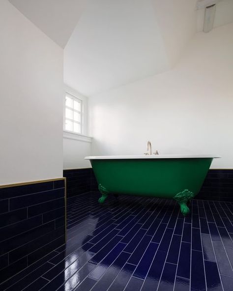 Blue Floor Bathroom, Blue Tiles Floor, Indigo Bathroom, Dark Blue Tiles, Tile Baseboard, Dark Blue Bathrooms, Blue Bathroom Tile, Bathroom Features, Tiles Floor