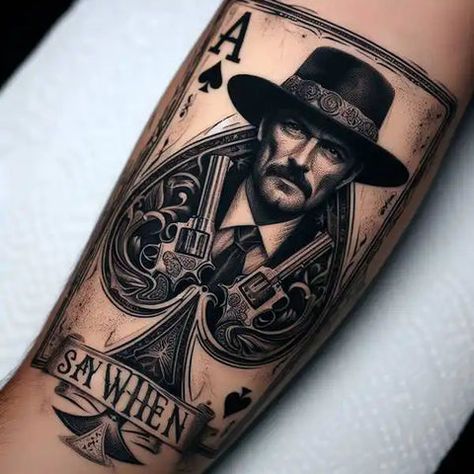 Gunfighter Tattoo, Wyatt Earp Tattoo, Outlaw Tattoos For Men, Doc Holiday Tattoo, Wild West Tattoo, Doc Holliday Tattoo, West Tattoo, Outlaw Tattoo, Ace Of Spades Tattoo