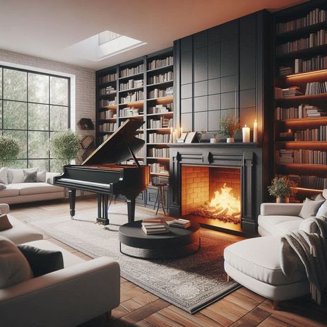 Piano Parlor Room, Sitting Room Ideas With Piano, Piano Next To Fireplace, Piano In Library Room, Piano Room Library, Piano Room With Bookshelves, Library Piano Room, Library With Piano, Piano Library Room