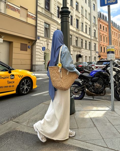 fav blue and white combo☁️🪞🤍🪽🐚🌊 summer outfit, Pinterest summer girl, white skirt, jeans shirt, modest fashion, hijabi, Pinterest style, aesthetic summer girl, modesty, basket bag, summer vibes, modesty, maxi skirt Jeans Skirt Outfit Hijab, Skirt Outfit Hijab, Jeans Skirt Outfit, Hijabi Summer Outfits, Outfit Kampus, Modest Girly Outfits, Dream Feed, White Jean Skirt, Jean Skirt Outfits