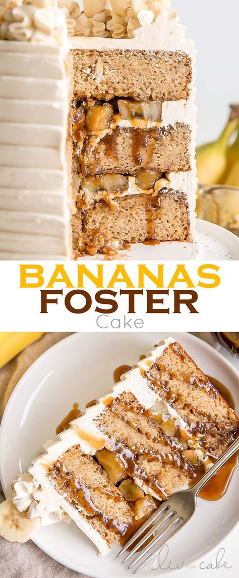 This Bananas Foster Cake transforms a classic dessert into a delicious layer cake! Banana cake layers, bananas foster filling, and vanilla bean buttercream. | livforcake.com Multiple Flavor Cake, Multi Layer Cake Recipes, Best Cake Filling Combinations, Banana Filling For Cake, Unique Cake Flavors And Fillings, Interesting Cake Flavors, Layered Cakes With Filling, Cake Flavors And Fillings Combinations, Unique Cake Flavors