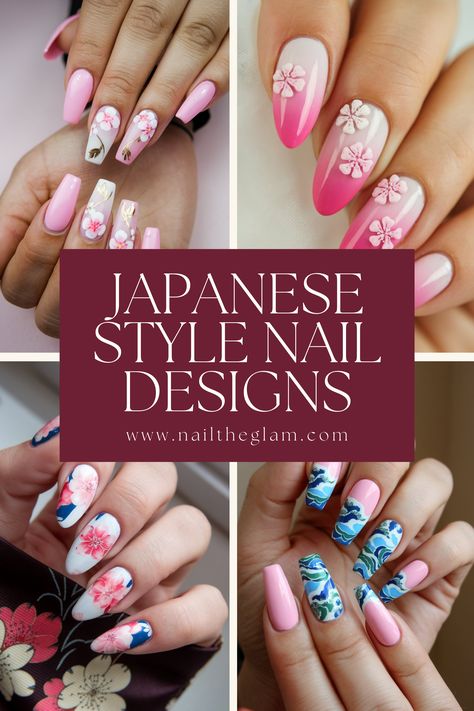 Article about 18 Japanese style nail designs, showcasing intricate, elegant, and artistic patterns inspired by Japanese culture. Japan Theme Nails, Japanese Nail Designs Kawaii, Japanese Nail Art Simple, Japanese Cherry Blossom Nails, Japanese Style Nails, Japan Nails, Japan Nail Art, Japanese Nail Design, Japan Nail