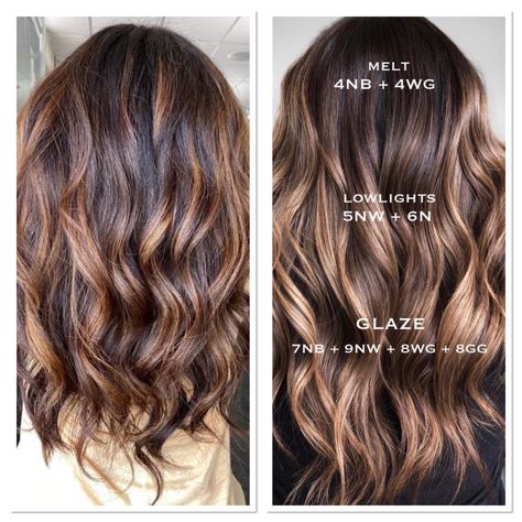 Root Melt Brown Balayage, Formula For Caramel Highlights, Redken Highlights Brunettes, Caramel Highlights Toner Formula, Redken Balayage Brunettes, Brunette Balayage Hair By Hair Pattern, Caramel Highlight Formulas, Balayage Dimensional Brunette, Root Melt Brunette To Caramel