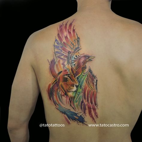 Phoenix watercolor tattoo Phoeniox and Lion Trash tattoo by Tato Castro www.tatocastro.com Phoenix And Lion Tattoo, Lion Phoenix Tattoo, Lion And Phoenix Tattoo, Phoenix Watercolor Tattoo, Phoenix Watercolor, Phoenix Tattoos, Watercolor Tattoos, Phoenix Bird, Phoenix Tattoo