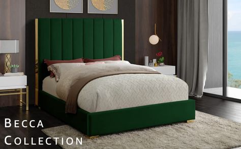 Amazon.com: Meridian Furniture Becca Collection Modern | Contemporary Velvet Upholstered Bed with Deep Channel Tufting and Polished Gold Metal Frame, Green, Full : Home & Kitchen Chic Bed, Velvet Upholstered Bed, Storage Platform, Upholstered Panel Bed, Velvet Bed, Green Bedding, Contemporary Bedroom Decor, Upholstered Panels, Meridian Furniture