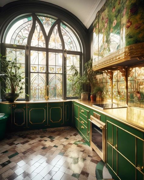 Art Nouveau inspired kitchens 🏠🍽🟢🌿🟡 A set of extras from my earlier Art Nouveau explorationsis with @conjuring_fay ✨️ . . . Conjured usin… | Instagram Victorian Bohemian Decor, Art Nouveau Interior, Dream Bedroom Inspiration, Cozy Luxury, Victorian Interior, 2023 Art, Dream Apartment Decor, Hobbit House, Fantasy House