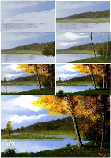 Landscape Painting Tutorial, Pic Nic, Landscape Art Painting, Painting Art Lesson, Acrylic Painting Tutorials, Digital Painting Tutorials, Nature Art Painting, Landscape Drawings, Painting Tutorials