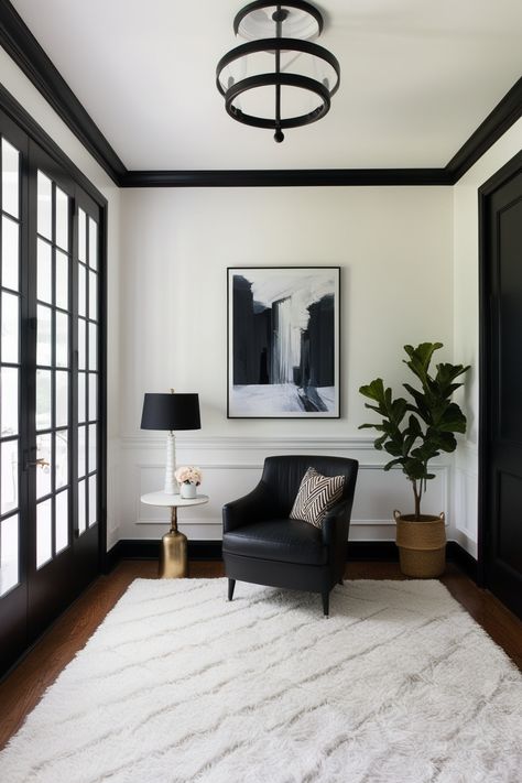 Chic White Walls with Black Trim White Room Grey Trim, White Walls Black Trim And Doors, White Walls Black Trim Bedroom, Gray Walls With Black Trim, Black Trim Interior Living Rooms, Black Trim White Walls, Black Wall Home, Black Moldings And Trim, White Walls With Black Trim