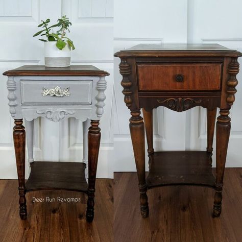 The hottest trend right now in the furniture market is a mix of wood and paint. The contrast is always stunning! This solid mahogany wood side table was in rough condition. The back leg had a large, deep gash that needed to be filled. The other leg had lots of Nick's that also needed to be filled in. I'm not a fan of staining over wood filler, it never looks right. And I didn't have a dark enough paint to blend it in, so I wanted to paint the back legs. But, the front legs were salvage… Old Side Table, Granite Furniture, Side Table Diy, Furniture Transformation, Painted Tables, End Table Makeover, Repurpose Furniture, Furniture Colors, Stain Techniques