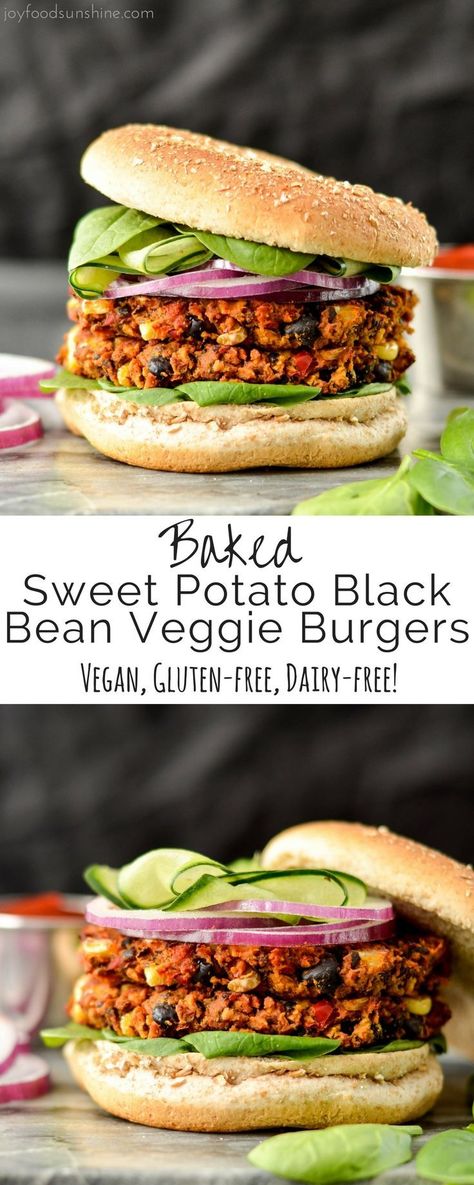 Baked Sweet Potato Black Bean Veggie Burgers are vegan, gluten-free and freezer-friendly! Easy Veggie Burger, Sweet Potato Veggie Burger, Black Bean Quinoa Burger, Sweet Potato Black Bean, Black Bean Quinoa, Bean Burgers, Sweet Potato Black Beans, Meatless Main Dishes, Black Bean Burgers