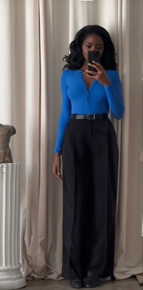 Office Clerk Outfits, Black Woman Professional Outfits, Y2k Professional Outfits, Behavioral Therapist Outfit, Business Causal Outfits Black Women, Business Casual Outfits For Tall Women, Elevated Business Casual, Blue Professional Outfit, Black Woman Office Outfits