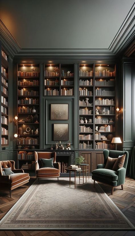 Rich Library Aesthetic, Old Money Library Aesthetic, Cabinet Of Curiosities Aesthetic, Classic Library Design, Dark Library Room, Hobbit Office, Classic Home Library Design, Library Sitting Room, Art Deco Library