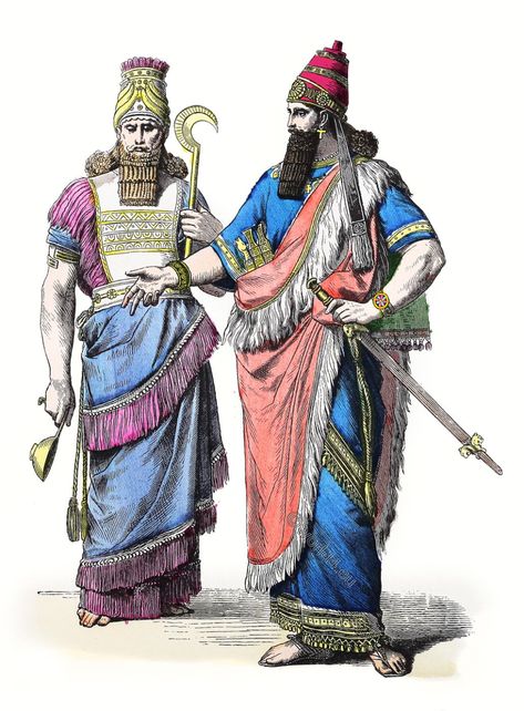 Assyrian, Egyptians and Medes costumes in pre-Christian times. Ancient Assyrian, Ancient Clothing, Ancient Babylon, Epic Of Gilgamesh, Ancient Near East, Ancient Mesopotamia, Egyptian Queen, High Priest, Mesopotamia