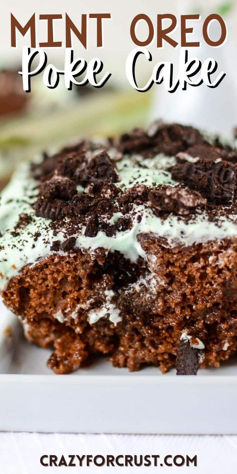 Mint Oreo Poke Cake is a chocolate poke cake with mint frosting and tons of mint chip flavor! Mint Poke Cake, Oreo Poke Cake, Mint Frosting, Mint Chocolate Cake, Oreo Desserts, Boxed Cake Mixes Recipes, Chocolate Poke Cake, Crazy For Crust, Birthday Things