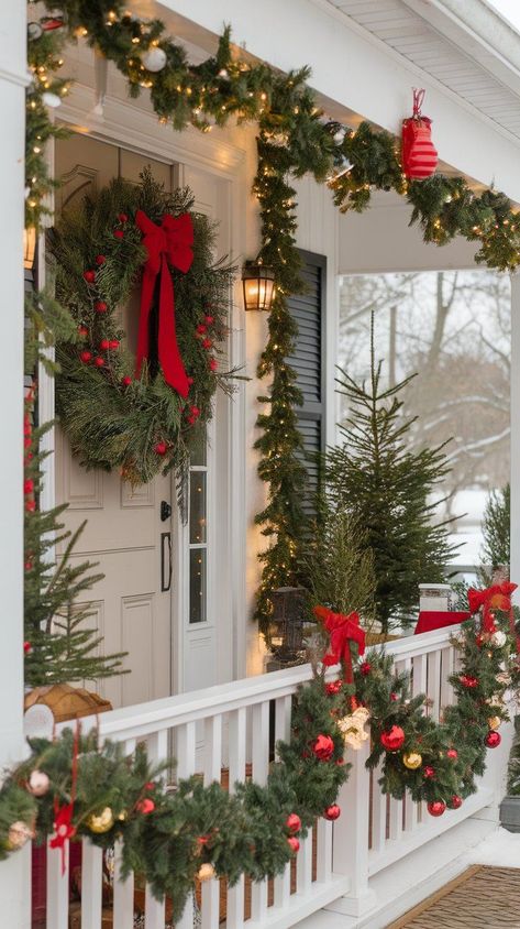 Make a statement this season with standout Christmas porch decor ideas that will leave your neighbors in awe. Perfect for creating a festive first impression! Outside House Decorations For Christmas, Outside Patio Christmas Decor, Outdoor Christmas Decorations Simple, Over The Door Christmas Decor, Christmas Decor Front Of House, Farmhouse Christmas Decor Outdoor, Balcony Christmas Decor Ideas, Farmhouse Balcony, Porch Christmas Lights