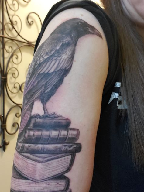 Raven on a stack of books Raven On Books Tattoo, Raven And Books Tattoo, Raven Book Tattoo, Books Tattoo, Dad Tattoo, A Stack Of Books, Raven Tattoo, Bff Tattoos, Dad Tattoos