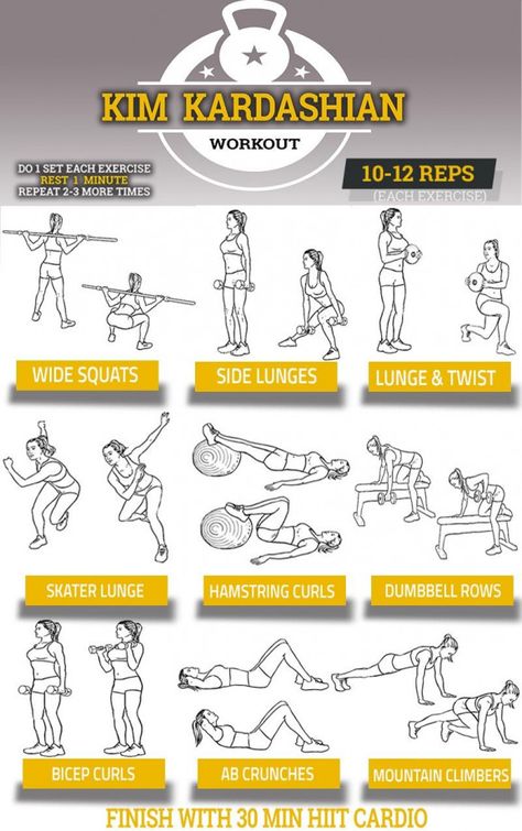 Kim Kardashian Workout Chart | Pop Workouts - The Kim Kardashian Workout Chart shows you her exact routine routine. Print out a copy and take it to the gym with you. Whether youre looking for motivation or simply a workout routine you can stick to this is it! In order to tone her legs and butt Kim Kardashians workout starts with lower body #2weekdiet Kim Kardashian Workout, Kardashian Workout, Chest Workout Women, Revenge Body, Gym Routine, Workout Chart, Workout Plan Gym, Body Fitness, Lower Body Workout