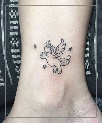 Fluffy and Fabulous Unicorn Tattoo Small Unicorn Tattoo, Tiger Tattoo Thigh, Unicorn Tattoo Designs, Cute Animal Tattoos, Unicorn Tattoo, Unicorn Tattoos, Bird Tattoos, Special Tattoos, Bff Tattoos