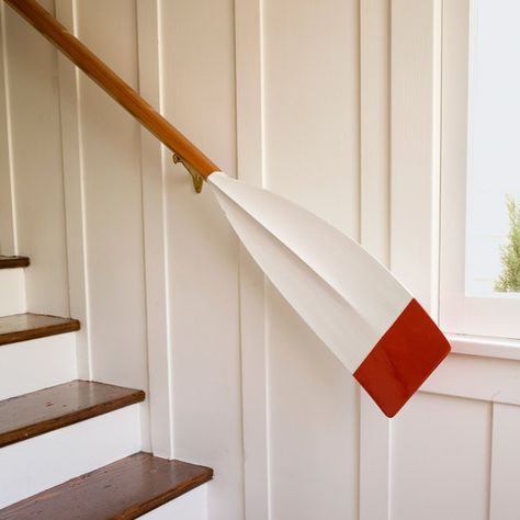 Oar as Handrail on Stairs Stairway Storage, Wooden Oars, Spiral Staircases, Stair Rail, Hand Rail, River Cottage, Lake Cabin, Stair Case, Painted Stairs