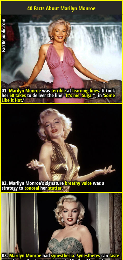 01. Marilyn Monroe was terrible at learning lines. It took her 60 takes to deliver the line “It’s me, Sugar”, in ‘Some Like it Hot.’ Marilyn Monroe Last Photos, Marilyn Monroe And Arthur Miller, Marilyn Monroe Haircut How To, Marilyn Monroe Daughter, Marilyn Monroe Facts, Marilyn Monroe Signature, Merlin Monro, Marilyn Monroe Outfits, Marilyn Monroe 1962