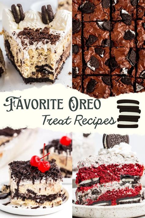 collage of delicious Oreo desserts featuring Oreo Ice Cream, Oreo Pie, Oreo Brownies and Oreo Red Velvet Cake. Dessert Recipes Birthday, Best Oreo Dessert, Buster Bar Dessert, Cookie Dessert Recipes, Oreo Dessert Recipes Easy, Double Chocolate Mousse, Oreo Cookie Dessert, Oreo Rice Krispie Treats, Oreo Crunch