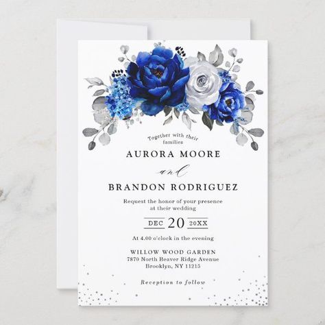 Royal Blue White Silver Metallic Floral Wedding In Invitation Bouquet Royal Blue, Wedding Celebration Invitation, Wedding Eucalyptus, Flowers Template, Rose Simple, Unique Monogram, Botanical Vintage, Lilac Wedding, Floral Save The Dates