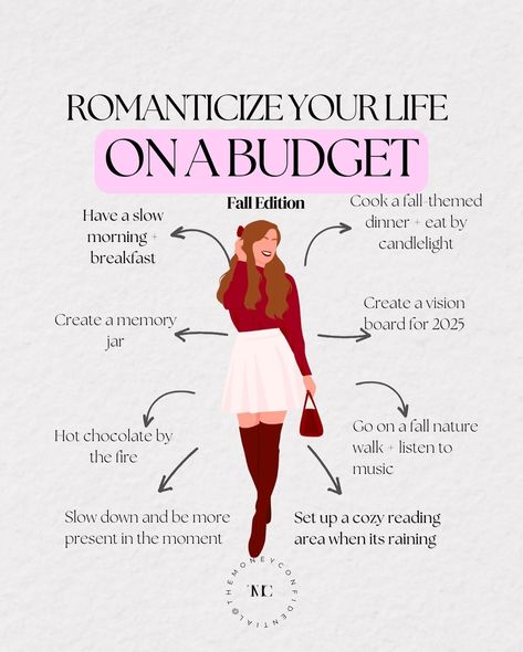 ✨ Ways to romanticize your life on a budget ✨ FALL EDITION It can seem like we must have luxurious + expensive spa dates, an expensive bottle of wine to relax with, date nights worthy of the Bachelor, etc. to live a romanticized life. But, that’s just not true. Here are some ways you can romanticize your life in budget-friendly ways: ☕️ Have a slow morning + breakfast Don’t rush your shower. Do your skincare. Stretch. Break out your journal or current book. Make a nutritious breakf... Seasonal Witchcraft, Dating Checklist, Finance Motivation, Vision Board Themes, Romanticized Life, Romanticize Your Life, Skins Quotes, God Centered Relationship, Fall Date Night