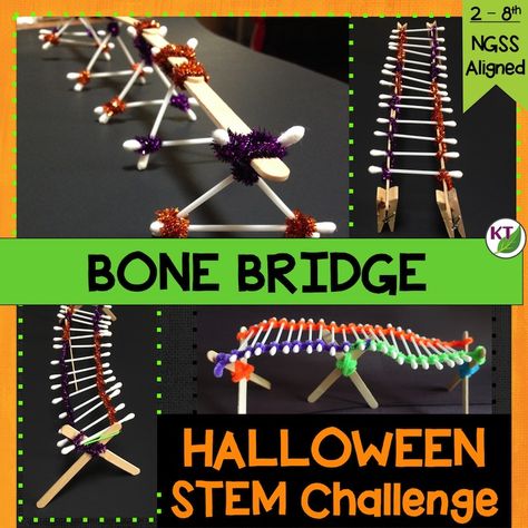 The first big holiday of the school year is upon us! If you want to keep students engaged and working while visions of candy and costumes dance in their brains, you’re going to need something special. Wouldn’t you know it, I’ve got just the thing: Bone Bridge!   Premise: In this challenge, students work in … Halloween Measuring Activities, Halloween Makerspace Ideas, Steam Halloween Activities For Kids, Halloween Building Activities, Halloween Activities For Students, Halloween Crafts 4th Grade, Halloween Craft 4th Grade, Bridge Stem Challenge, Halloween Stem Challenge