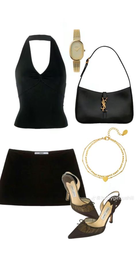 Night Out Outfit Clubwear Club, Black And Gold Outfits, Fashion Magazine Aesthetic, Miami Outfits Night, Gold Outfits, Magazine Aesthetic, Night Out Outfit Clubwear, Black And Gold Outfit, Black Mini Skirt Outfit