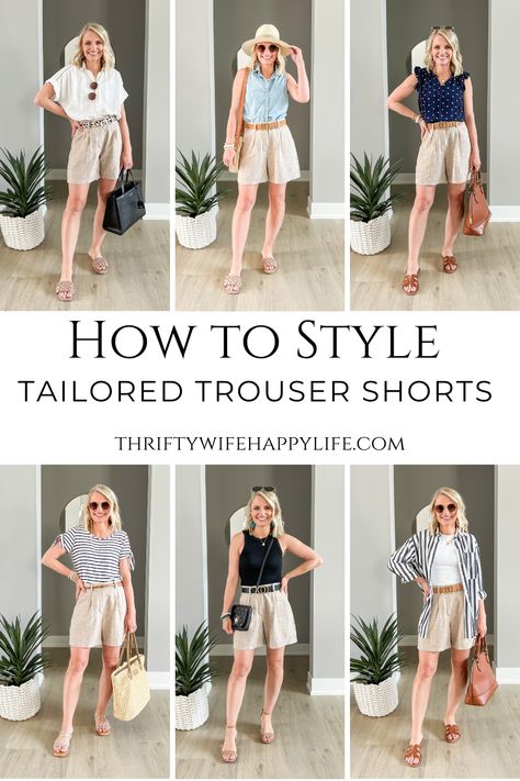 High Waisted Trouser Shorts Outfit, Trouser Short Outfit Ideas, Khaki Trouser Shorts Outfit, White Linen Shorts Outfit Women, Trousers Shorts Outfit, Styling Linen Shorts, Line Shorts Outfit, Tailored Shorts Outfit Summer, Trousers For Short Women