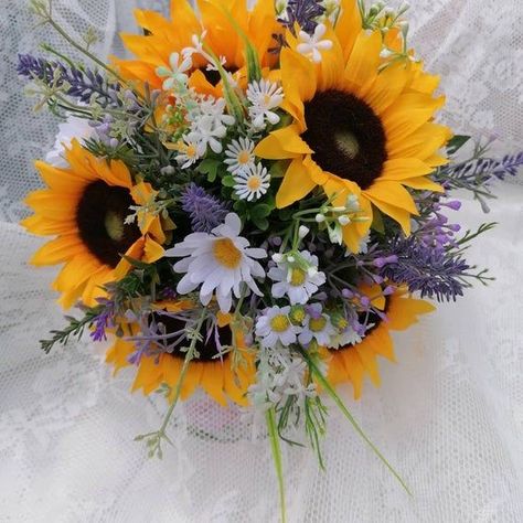 Bouquet With Sunflowers, Lavender Bridal Bouquet, Wedding Lavender, Sunflower Wedding Decorations, Buttonhole Flowers, Lavender Wedding Flowers, Wedding Flowers Sunflowers, Flower Girl Wand, Sunflower Wedding Bouquet