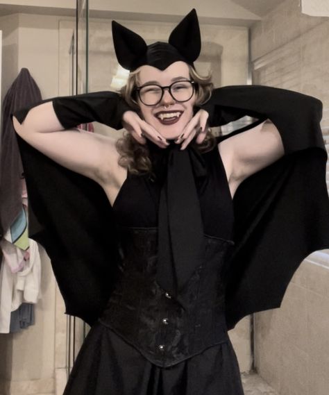 literally my favorite costume i have ever put together Bat Halloween Costume Makeup, Bat Costume Woman, Vintage Bat Halloween Costume, Raccoon Costume Diy Women, Bat Halloween Costume Women, Vintage Bat Costume, Bat Bonnet, Bat Costume Women's, Bat Costume Makeup