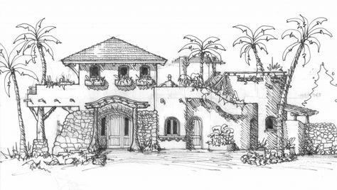 An elevation sketch for a beach house in Mexico. Homes Drawing, Mexican Style House, Spanish Style Bedroom, Elevation Sketch, House Sketches, Restaurant Mexicano, Beach House Pictures, Spanish Style Furniture, House Courtyard