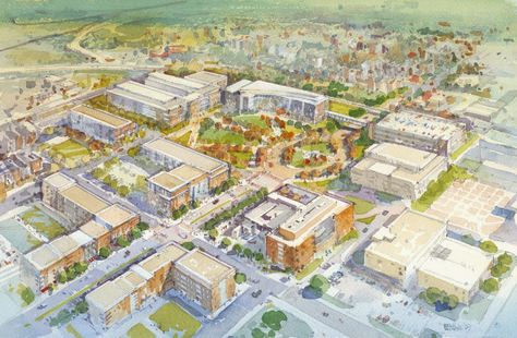 Coppin State University - Campus & Neighborhood Master Plan · Portfolio · Design Collective Urban Design Graphics, Urban Design Architecture, Urban Design Concept, Urban Design Plan, City Sketch, City Layout, New Hospital, City Planning, Indiana University