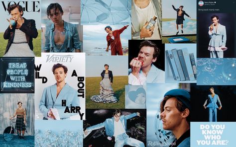 Hs Background, Harry Styles Horizontal Wallpaper, Blue Aesthetic Laptop Wallpaper, Harry Styles Blue Aesthetic, Harry Background, Harry Styles Blue, Vogue Shoot, 1d Wallpaper, Blue Widget