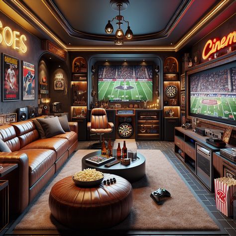 Explore this ultimate man cave! Dive into a leather couch facing a huge TV, game on the latest consoles, savor drinks from the mini-bar, pop fresh popcorn, and play pool or darts. Sports memorabilia, vintage movie posters, and neon signs add character.

#ManCave #HomeBar #GamingStation #Billiards #SportsMemorabilia #MovieNights Sports Basement Ideas, Man Cave Tv Wall, Arcade Setup, Sports Memorabilia Room, Garage Bar Ideas, Classy Man Cave, Home Theater Basement, Football Man Cave, Fresh Popcorn