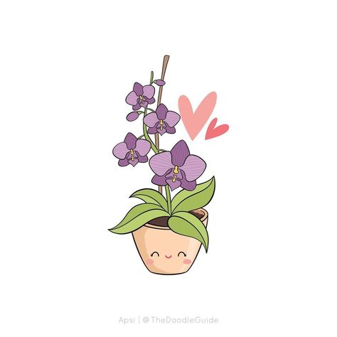 Orchid Doodle, Orchid Illustration, Cute Doodles Drawings, Purple Orchids, Orchid Plants, Mini Drawings, Plant Illustration, Different Flowers, Doodle Drawings