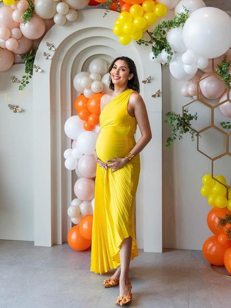 Momyknows Yellow Pleated Cut Out One Shoulder Big Swing Plus Size Elegant Maternity Photoshoot Baby Shower Maxi Dress Maternity Gold Dress, Pleated Maternity Dress, Fitted Yellow Maternity Dress, Yellow Baby Shower Dress, Yellow Maternity Dress, Tulle Baby Shower, Gender Reveal Outfits, Baby Shower Gown