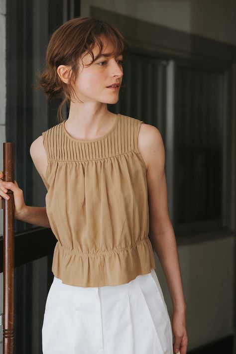 Demi Blouse | Women's Sleeveless Blouse | Walnut Colour | TENCEL™ Linen Blend | Something to Hold Ceramic Shoes, Minimal Life, Pintuck Blouse, Pin Tucks, Cinched Waist, Blouse Dress, Blouse Top, Sleeveless Blouse, Fabric Color