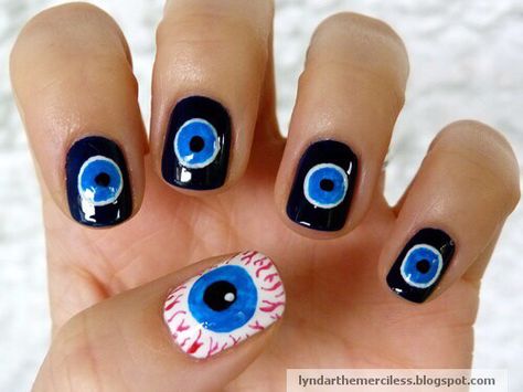 Evil eye, nazar, nails, nail design Eyeball Manicure, Eyeball Nails, Men Manicure, The Merciless, Freehand Nail Art, Art Eyes, Eye Nail Art, Mens Nails, Creative Nail Designs