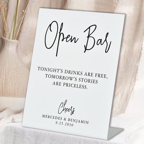 Wedding Open Bar Modern Calligraphy Personalized Pedestal Sign Wedding Open Bar, Funny Wedding Signs, Wedding Drink Menu, Bar Modern, Beige Wedding, Tabletop Signs, Funny Wedding, Wedding Drink, Open Bar