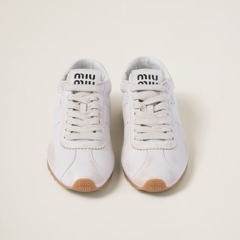 White Bleached Nappa Leather Sneakers | Miu Miu Miu Miu Sneakers, Velvet Sneakers, Round Toe Sneakers, Denim Sneakers, The Tongue, Light Design, Star Sneakers, Latest Sneakers, Perforated Leather