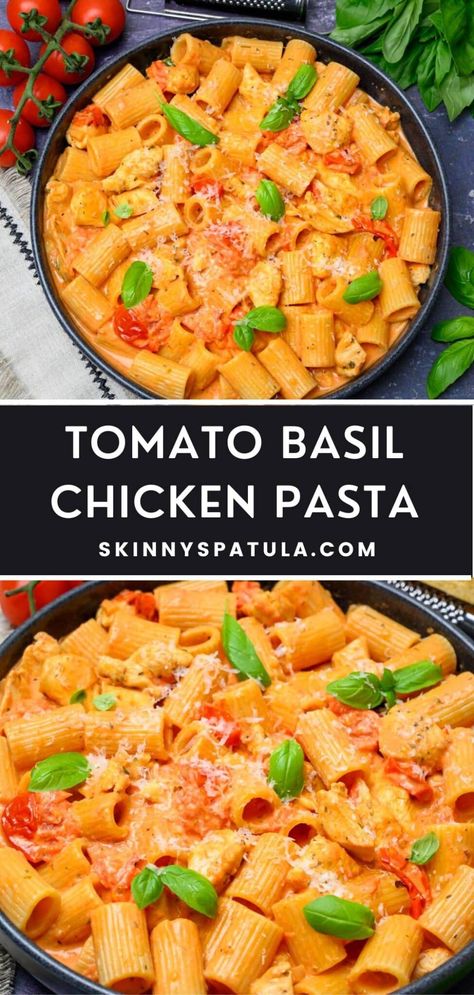 Tomato Basil Chicken Pasta – Skinny Spatula Tomato Cream Chicken Pasta, Creamy Tomato Basil Chicken Pasta, Basil Chicken Pasta, Tomato Basil Chicken Pasta, Chicken Tomato Pasta, Burst Cherry Tomatoes, Creamy Chicken Pasta Recipes, Garlic Chicken Pasta, Chicken Broccoli Pasta