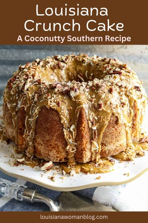 Louisiana Crunch Cake is a moist, buttery pound cake with a sugary coating on the outside, drizzled with a cane sugar glaze and topped with lots of crunchy toasted coconut flakes and pecans. Mile High Pound Cake Recipe, French King Cake Recipe, Cajun Cake Recipe, Southern Coconut Cake Recipe, Louisiana Crunch Cake, Buttery Pound Cake, Southern Cakes, Southern Pound Cake, Cake Bundt