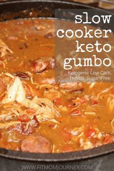 This Slow Cooker Keto Gumbo is not only fast and easy to make, it's delicious! Simply throw all the ingredients - minus the shrimp - in a slow cooker, then add the shrimp and cauliflower rice 20 minutes before serving. Whole 30 Gumbo, Keto Gumbo Low Carb, Low Carb Gumbo, Gumbo Slow Cooker, Keto Gumbo, Cena Keto, Keto Crockpot, Cajun Food, Whole30 Dinners