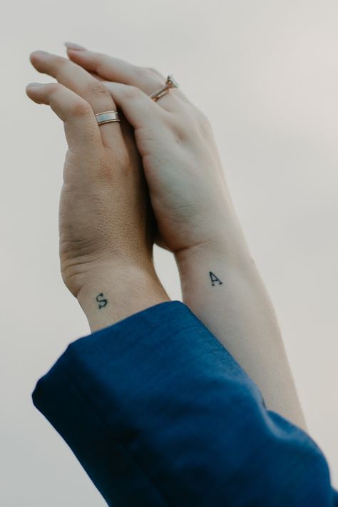 Interracial Couple Tattoos, Small Tattoos Husband And Wife, Fine Line Husband And Wife Tattoos, Small Tattoos For Wife, Tiny Marriage Tattoos, Subtle Marriage Tattoo, Couple Tattoos 2023, Dainty Wedding Tattoos, Tatoos Couple Husband Wife