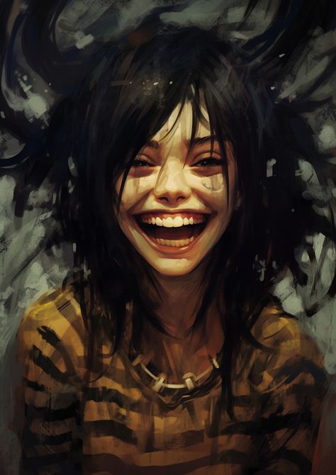 Large smile, hair like horns, bumblebee yellow and black striped shirt, beautiful girl woman, exaggerated expression Digital Art References, Creative Digital Art, Smile Drawing, Creepy Smile, Realistic Cartoons, Horror Movie Art, Pop Art Wallpaper, Art Painting Gallery, Drawing Expressions