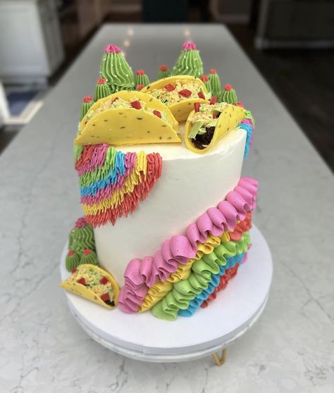 Mexico Theme Cake, Taco Theme Cake, Simple Mexican Theme Cake, Taco Birthday Cake, Fiesta Theme Cake, Fiesta Cakes, Mexican Fiesta Cake, Decorative Desserts, Taco Cake