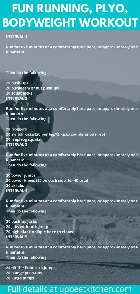 This fun running, plyometric, and bodyweight workout can be done indoors with a treadmill or outdoors, and consists of running intervals interspersed with bouts of high intensity plyometrics and bodyweight exercises to get your heart pumping and endorphins flowing! Run Interval Workout, Running Interval Workout Outdoor, Interval Running Workout, Powerbuilding Program, Running Intervals, Spartan Training, Gymnastics Lessons, Track Workouts, Park Workout